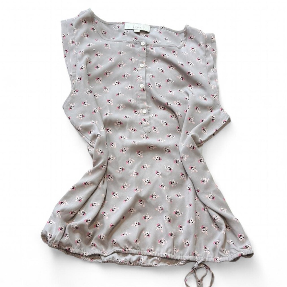 Loft Gray Floral Cinched Waist Blouse, Women's Size L - Picture 2 of 8